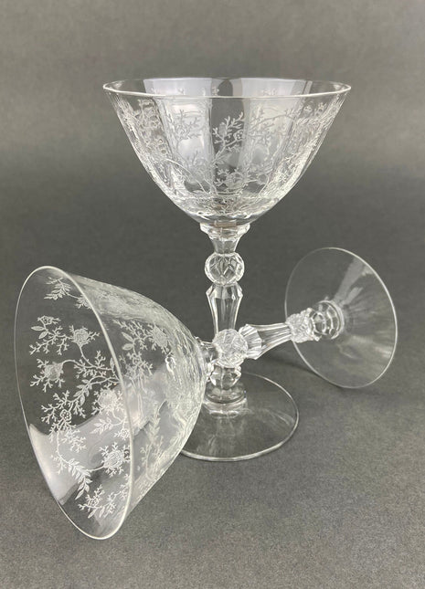 Vintage Fostoria Claret Wine Glasses. Set of Two Chintz Motif Stemware. Fine Dining.