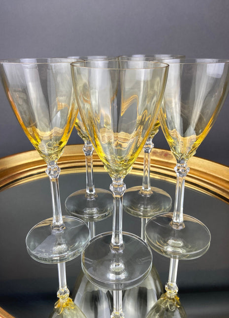 Vintage Fostoria Crystal Topaz Wine Glasses. Light Yellow Stem 5098 Glasses. Set of Six. Fine Table Glassware. Gold Table Decor.