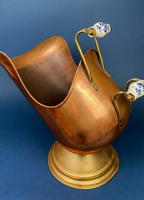 Antique Copper Cauldron with Brass Bottom & Ceramic Handles. Hand Hammered Scuttle for Firewood. Rustic Home Decor.