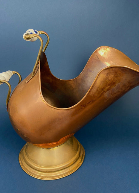 Antique Copper Cauldron with Brass Bottom & Ceramic Handles. Hand Hammered Scuttle for Firewood. Rustic Home Decor.