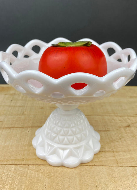 Vintage Milk Glass Compote or Footed Bowl. White Glass Candy Dish. Trinket Dish. Waffle Pattern with Scalloped Reticulated Edge.