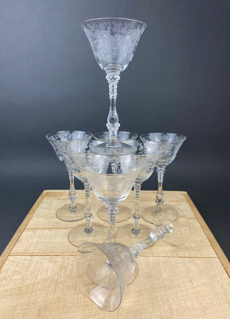 Cambridge Crystal Claret Wine Glasses. Rosepoint Motif. Eight Etched Floral Motif Crystal Glassware. Fine Dining. Holiday, Everyday Stemware