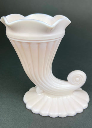 Shell Pink Milk Glass Horn Shaped Vases. Matching Cornucopia Shaped Vases. Table Centerpieces. Collectible Floral Vases. Fine Dining.