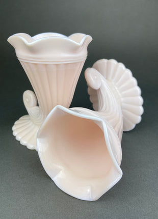 Pink Milk Glass Horn Vases. Pair of Cornucopia Shaped Vases in Rare Shell Pink. Table Centerpieces. Collectible Floral Vases.