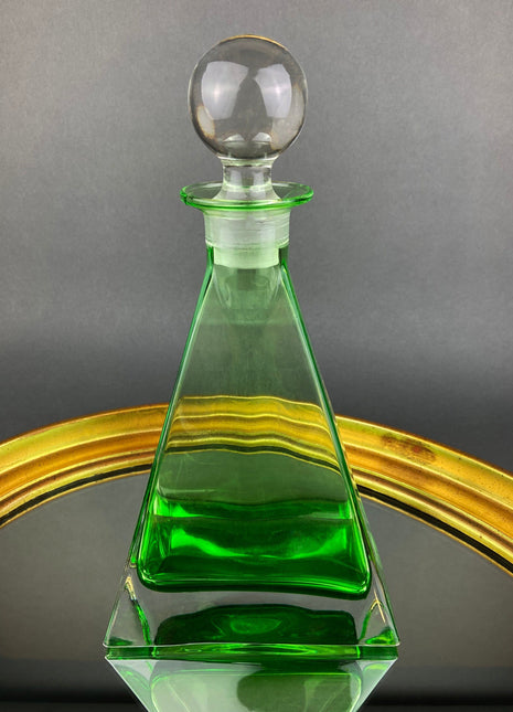 Green Crystal Decanter with Clear Stopper. Minimal Crystal Carafe. Office Decor. Social Club Decor. Men Cave Accessory. Gift for Dad.