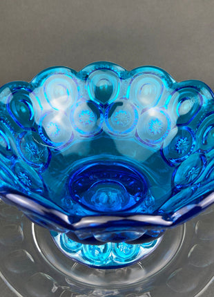 Vintage Blue Glass Footed Serving Bowl. 1960's Kings Crown Thumb Print Glass Jar with Ruffled Edge. Collectible Blue Glass Dish.