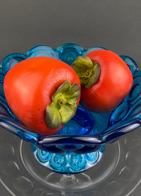 Vintage Blue Glass Footed Serving Bowl. 1960's Kings Crown Thumb Print Glass Jar with Ruffled Edge. Collectible Blue Glass Dish.