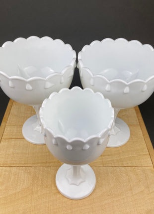 Milk Glass Tear Drops Design Footed Bowls. Set of Three Bowls, Compotes or Planters Made by Indiana Glass Co. Collectible Item.