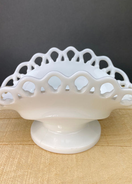 Vintage Milk Glass Pedestal Banana Bowl/Boat. Reticulated Edge White Serving Dish. Table Centerpiece.
