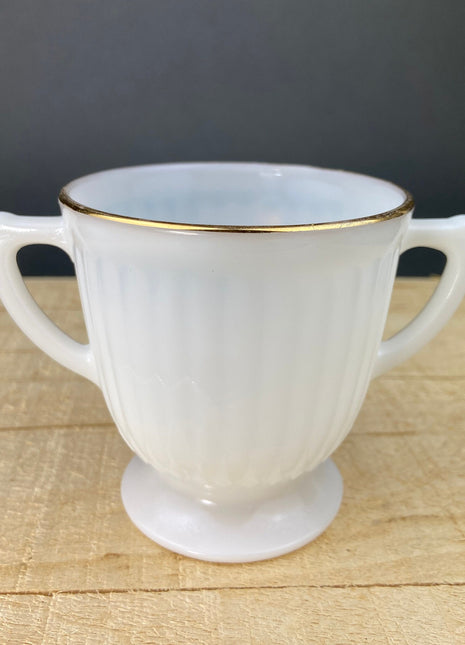 Antique Moonstone Opalescent Creamer and Sugar Bowl. White with Gold Brim Depression Glass Creamer and Sugar Jar.