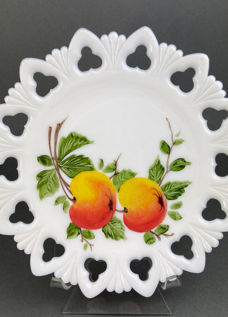Westmoreland Milk Glass Decorative Plates with Hand Painted Violets, Cherry Blossom, and Fruit. Set of Four Plates with Reticulated Rim.