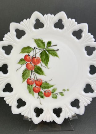 Westmoreland Milk Glass Decorative Plates with Hand Painted Violets, Cherry Blossom, and Fruit. Set of Four Plates with Reticulated Rim.