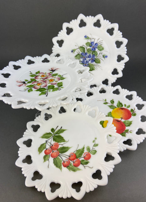 Westmoreland Milk Glass Decorative Plates with Hand Painted Violets, Cherry Blossom, and Fruit. Set of Four Plates with Reticulated Rim.