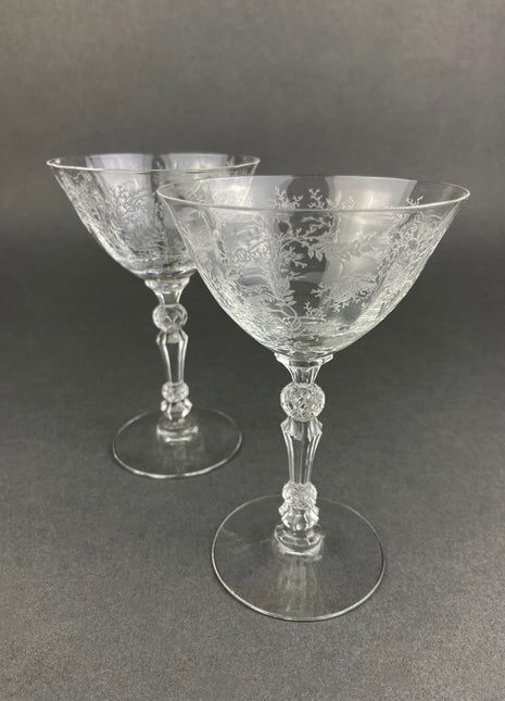 Vintage Fostoria Claret Wine Glasses. Set of Two Chintz Motif Stemware. Fine Dining.