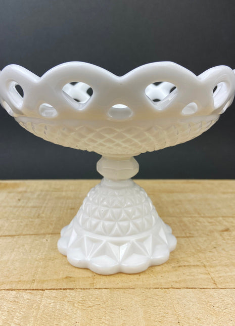 Vintage Milk Glass Compote or Footed Bowl. White Glass Candy Dish. Trinket Dish. Waffle Pattern with Scalloped Reticulated Edge.