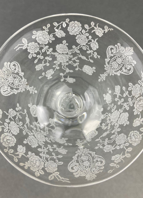 Cambridge Crystal Claret Wine Glasses. Rosepoint Motif. Eight Etched Floral Motif Crystal Glassware. Fine Dining. Holiday, Everyday Stemware