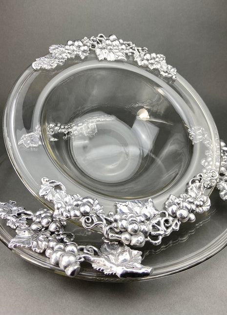 Vintage Extra Large Glass Serving Bowl and Platter with Aluminum Decor. Bowl and Platter Made in France.