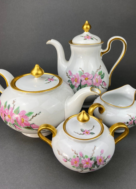 Antique Tea and Coffee Pots, Creamer, and Sugar Bowl or Jar. Eschenbach Baronet China. Made in Bavaria, Germany. Hand Painted Flower Motif.