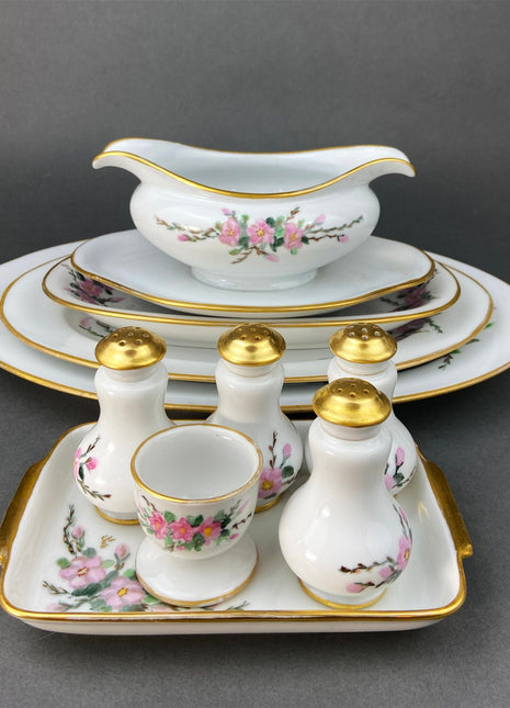 Antique Dining and Serving Set. Sauce Boat, Three Oval Serving Platters, Egg Stand and Four Shakers with Tray. Eschenbach Baronet China. Germany
