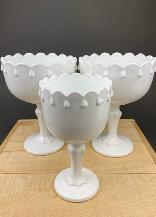 Milk Glass Tear Drops Design Footed Bowls. Set of Three Bowls, Compotes or Planters Made by Indiana Glass Co. Collectible Item.