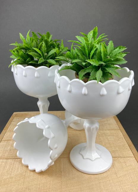 Milk Glass Tear Drops Design Footed Bowls. Set of Three Bowls, Compotes or Planters Made by Indiana Glass Co. Collectible Item.
