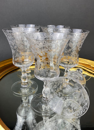 Vintage Cambridge Rose Point Champagne Glasses. Set of Five Tall Sherbets. Floral Etching Stemware. Fine Dining. Wedding Gift Idea.