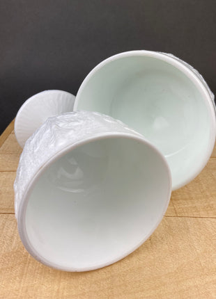 Milk Glass Footed Bowls with Oak Leaf Design. Set of Three Compotes in Various Sizes.