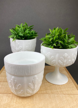 Milk Glass Oak Leaf Design Bowls. Set of Three Differently Shaped Vases. White Herb Planters.