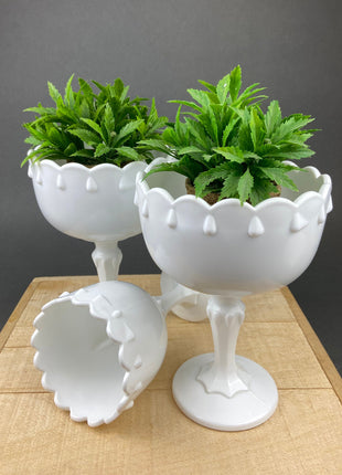 Milk Glass Oak Leaf Design Bowls. Set of Three Differently Shaped Vases. White Herb Planters.