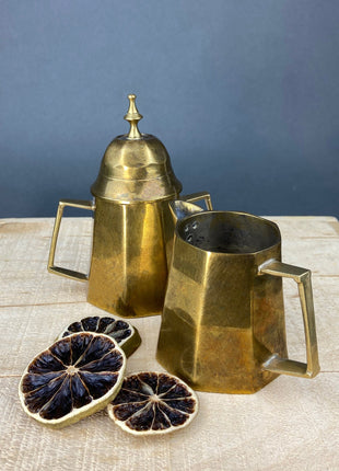 Antique Brass Creamer and Sugar Dish. Heavy Brass Containers with Handles. Kitchen Accessories.