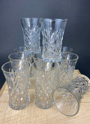 Clear Water or Juice Glasses with Cut Crystal Design. Set of 11 Glasses. Fine Dining. Holiday Celebration.