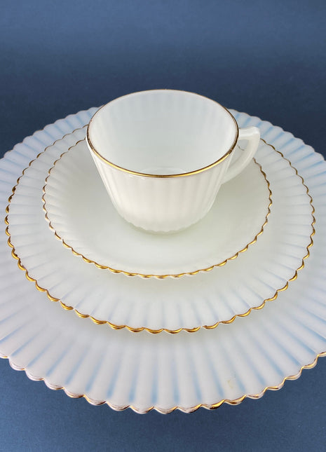Antique Moonstone Opalescent Tea Set Trio. White with Gold Brim Depression Glass Tea Cup, Saucer, Dessert/Salad Plate & Serving Plate.