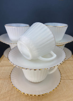 Antique Moonstone Opalescent Cups and Saucers. White with Gold Brim Depression Glass Tea Cups. White Table Setting. Fine Dining.