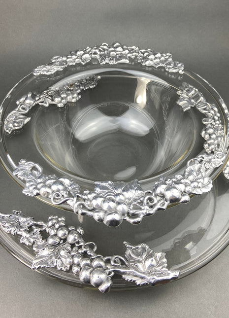 Vintage Extra Large Glass Serving Bowl and Platter with Aluminum Decor. Bowl and Platter Made in France.