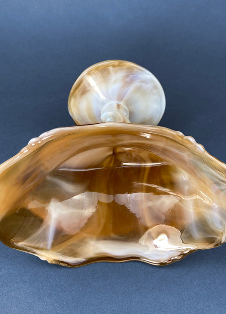 Vintage Slag Glass Footed Bowl. Brown and White Marbled Compote with Floral Base. Candy or Trinket Dish.