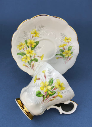 Vintage Cup and Saucer. Royal Albert Bone China Tea Set. Friendship Series of 12. Primrose Motif & Embossed Design. Made in England.