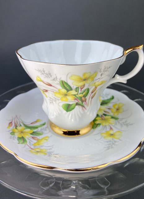 Vintage Cup and Saucer. Royal Albert Bone China Tea Set. Friendship Series of 12. Primrose Motif & Embossed Design. Made in England.