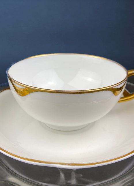 Antique Limoges Porcelain Teacup & Saucer. White Porcelain with Gold Scalloped Rim by Haviland, France. Silver Anniversary.