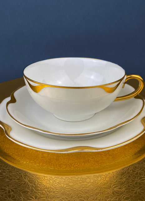 Antique Limoges Porcelain Tea Set/Trio. Teacup, Saucer & Bread/Butter Plate. Silver Anniversary. White China with Gold Rim, Haviland, France