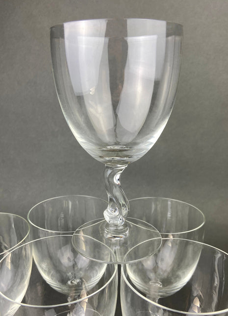 Vintage Contour Clear by Fostoria. Crystal Goblets with S Shaped Stem. Set of Seven Water or Juice Stemware. Collectible Glassware.