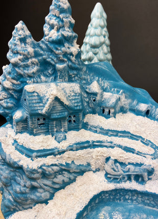 Blue Christmas Village Scene and Trees. Ceramic Cottages, Water Mill and Two Blue Pines. Main Scenery Can be Illuminated. Kids Room Decor.