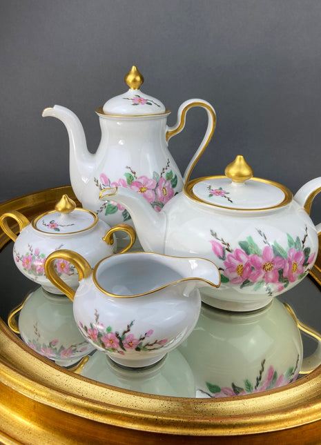 Antique Tea and Coffee Pots, Creamer, and Sugar Bowl or Jar. Eschenbach Baronet China. Made in Bavaria, Germany. Hand Painted Flower Motif.