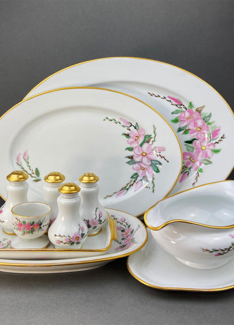 Antique Dining and Serving Set. Sauce Boat, Three Oval Serving Platters, Egg Stand and Four Shakers with Tray. Eschenbach Baronet China. Germany
