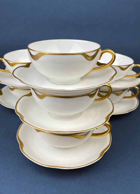 Antique Limoges Porcelain Teacup & Saucer. White Porcelain with Gold Scalloped Rim by Haviland, France. Silver Anniversary.