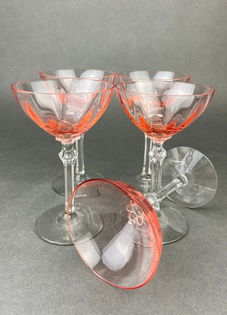 Vintage Fostoria Crystal Pink Tall Claret. Light Pink Stemware. Set of Five Footed Glassware. Fine Dining.