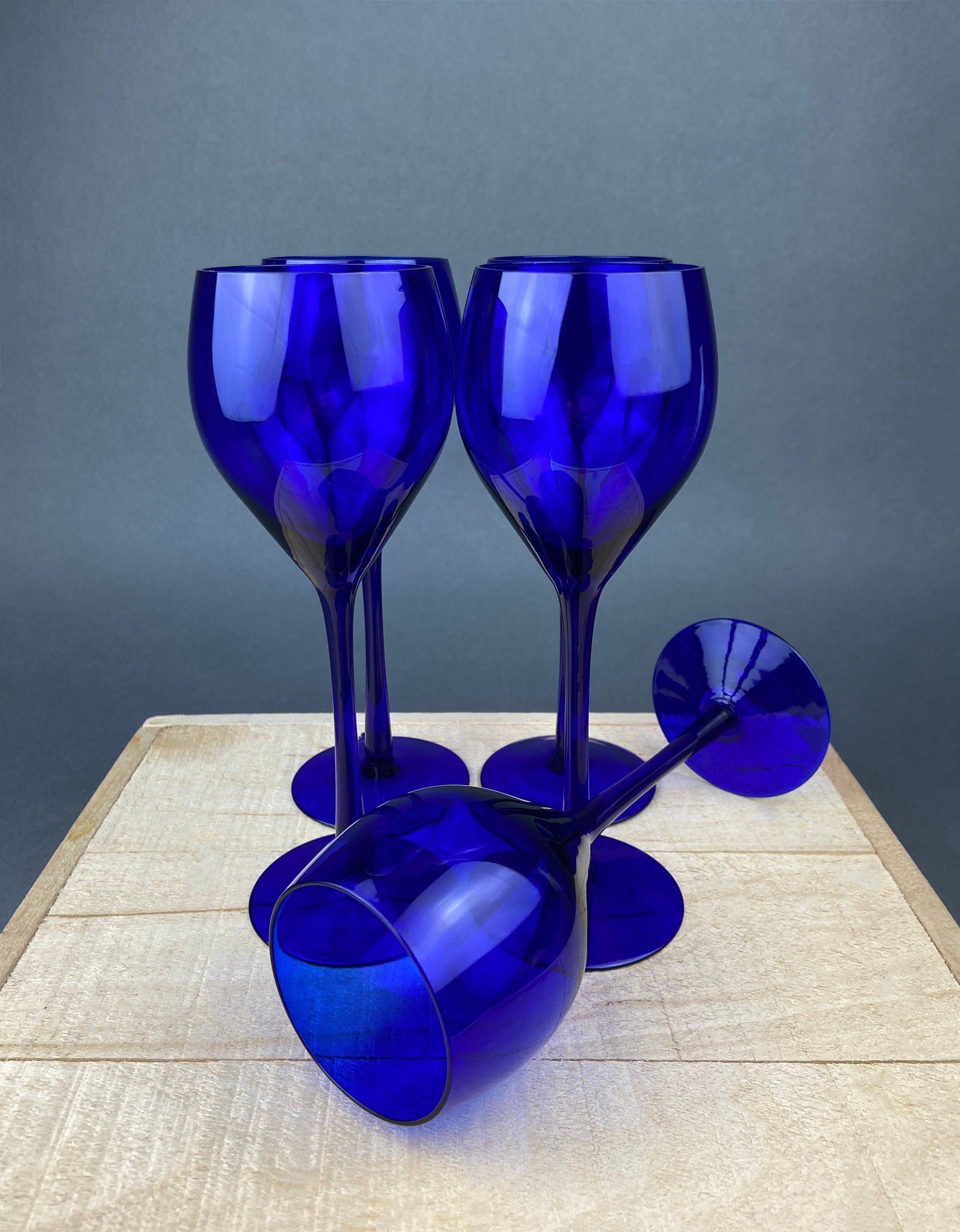 Cobalt Blue Glass Wine Glasses. Extra Tall Set of Five Contemporary Style  Stemware. Dark Blue Modern Glassware. Fine Dining.