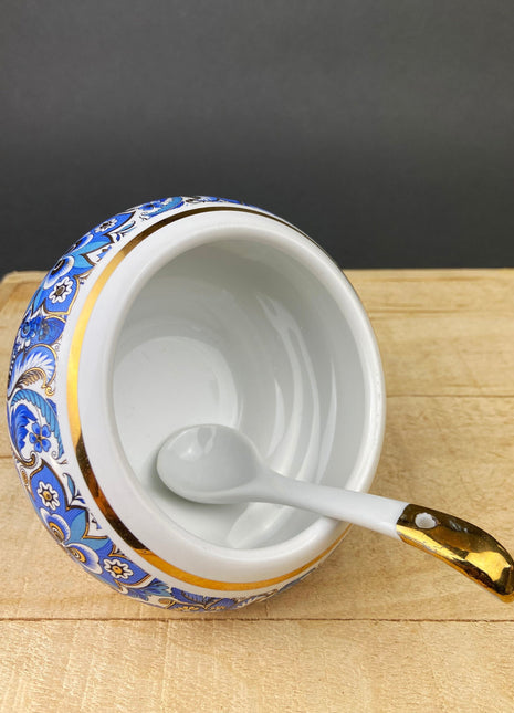 Vintage Italian Sugar Bowl/Bomboniere with Ceramic Spoon. Hand Painted Sugar Jar or Candy Dish. Lavorazione a Mano, Car Bomboniere. Italy.