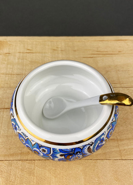 Vintage Italian Sugar Bowl/Bomboniere with Ceramic Spoon. Hand Painted Sugar Jar or Candy Dish. Lavorazione a Mano, Car Bomboniere. Italy.