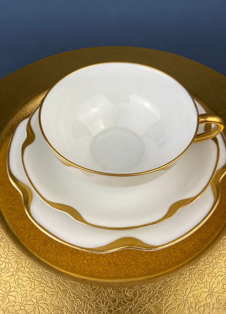 Antique Limoges Porcelain Tea Set/Trio. Teacup, Saucer & Bread/Butter Plate. Silver Anniversary. White China with Gold Rim, Haviland, France