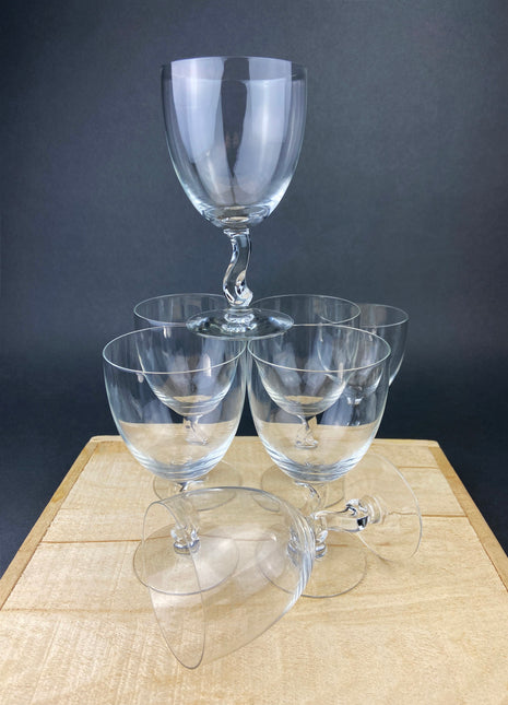 Vintage Contour Clear by Fostoria. Crystal Goblets with S Shaped Stem. Set of Seven Water or Juice Stemware. Collectible Glassware.